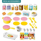 Variedad de piezas, platos, alimentos de juguete, botellas y stickers incluidos en el set