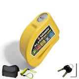 Candado amarillo para freno de disco mostrado junto a cable recordatorio, llaves y funda.