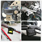 Cuatro tomas del candado y la funda instalados en el disco y cuadro de motos y bicicletas.