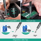 Destornillador en uso sobre componentes electrónicos y proceso de magnetización de la punta.