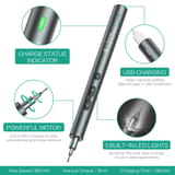 Infografía con los componentes, luces, motor, puerto de carga y datos de torque del destornillador.