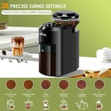 Molinillo de café sobre una mesa junto a una guía visual de 28 niveles de molienda.