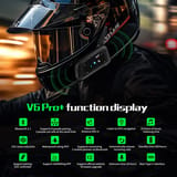 Primer plano de un casco integral negro con la unidad de intercomunicador adherida al costado, sobre una grilla de íconos verdes con funciones.