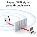 Gráfico digital que ilustra la señal Wi-Fi del repetidor atravesando una pared hacia una laptop.