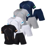 Cuatro conjuntos en azul marino, gris, blanco y negro con shorts a juego, con líneas curvas y ribetes de color.
