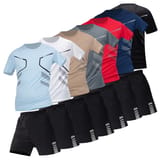 Siete camisetas de colores distintos en fila diagonal, cada una acompañada de su short negro sobre fondo blanco.