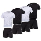 Cuatro conjuntos en blanco y negro con camisetas de manga corta y shorts negros, con una línea vertical en el costado.