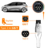 Auto plateado con la toma de carga en un círculo ampliado, un enchufe blanco con cable y los esquemas de las dos caras de contactos.