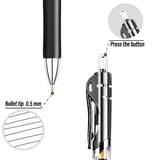 Detalle de la punta de 0.5 mm y del botón pulsador superior de un lapicero retráctil.
