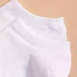 Primer plano de la tela de un calcetín blanco sostenido sobre un brazo, mostrando el tejido del puño y del talón.