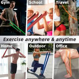 Personas ejercitándose con bandas elásticas en gimnasio, parque, oficina y casa.