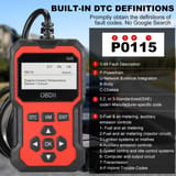 Escáner de diagnóstico frente a un automóvil con iconos de funciones OBD.