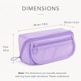Estuche lila con líneas y medidas anotadas sobre el largo, el alto y el ancho.