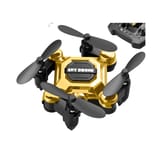 Dron dorado con hélices negras sobre fondo blanco y el control remoto asomando arriba a la derecha
