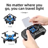 Manos abriendo la tapa del compartimiento del control y, al costado, el dron plegado y abierto