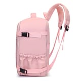 Vista lateral de la mochila rosa con bolsa elástica, cintas de compresión y correas colgando