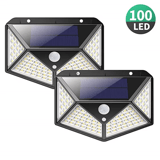 Dos unidades de la lámpara solar negra vistas de frente, con el panel solar y los cuatro paneles de LED visibles.