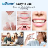 Secuencia de pasos para usar la tira: despegarla del papel, aplicarla sobre los dientes, presionarla, sonreír, conversar en una mesa y beber agua