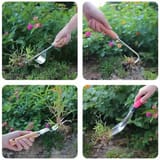 Cuatro recuadros en los que manos usan distintas herramientas de deshierbe entre flores y plantas de jardín.