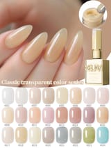 Mano con manicura en tono nude almendrado, frasco de esmalte y catálogo de 24 colores numerados.
