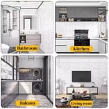 Cuatro fotografías de ambientes revestidos: baño, cocina, balcón y living con televisor.