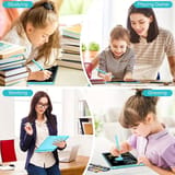 Cuatro fotos de una niña, una mujer y un niño usando la tableta para estudiar, jugar, trabajar y dibujar.