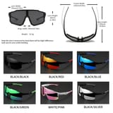 Diagrama de medidas de las gafas de sol y opciones de color disponibles.