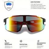 Gafas de luna rojiza con infografía de propiedades ópticas y protección.
