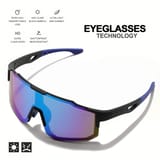 Gafas con luna azul espejada junto a iconos de tecnología óptica.