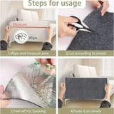 Cuatro fotografías de los pasos de instalación: manos midiendo y limpiando el sofá, tijeras cortando la alfombra, manos pelando el respaldo adhesivo y manos pegando el panel en el sofá.
