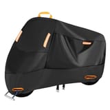 Funda impermeable negra para motocicleta con asa y franjas reflejantes de color naranja.
