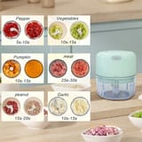 Picador eléctrico junto a tablas de tiempos para triturar verduras, carne y ajos.