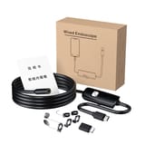 Caja de cartón, manual impreso, cable enrollado con la punta de cámara, caja de control con conector USB-C y accesorios pequeños (gancho, imán, espejo y anillos) sobre fondo blanco.