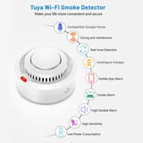 Detector de humo circular rodeado por íconos de funciones y especificaciones inteligentes.