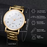 Diagrama acotado con las medidas de diámetro, grosor y correa de un reloj dorado.