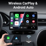 Consola de automóvil con pantalla táctil mostrando CarPlay y Android Auto junto a un teléfono inteligente.