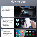 Tres pasos ilustrados para conectar el adaptador al puerto USB del auto y vincular el celular.