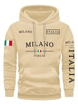 Sudadera color crema con capucha, cordones y tipografía impresa en negro.