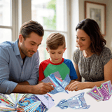 Madre, padre e hijo sentados en una mesa doblando juntos aviones de origami impresos.