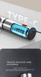 Molinillo cilíndrico recostado mostrando el puerto USB Tipo C y un corte ilustrativo de la batería interna.