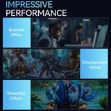 Imágenes que ilustran el uso de la computadora en oficina, videojuegos y videos animados.