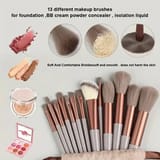 Trece brochas de maquillaje sobre su funda con muestras de polvo y sombras al costado.
