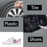 Composición de ejemplos de uso del marcador en neumático, plástico negro y zapatilla.