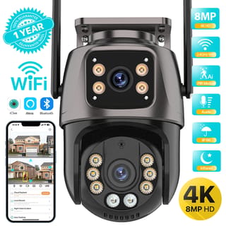 Cámara de seguridad WiFi doble lente para exterior con seguimiento por IA
