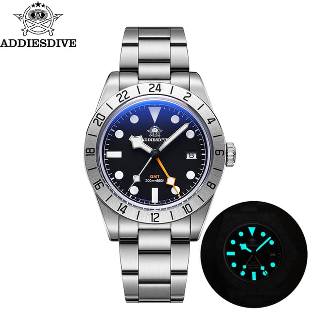 Reloj ADDIESDIVE GMT de Pulsera para Hombre 39 mm, Cuarzo Suizo, Acero Inoxidable, 200 m