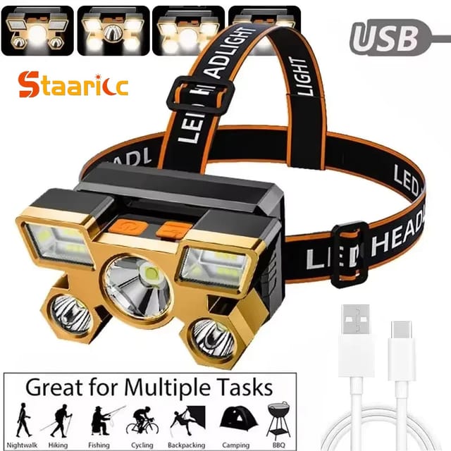 Linterna frontal de 5 luces LED recargable por USB