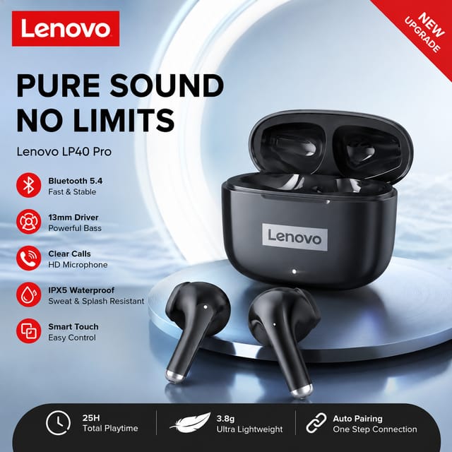 Audífonos Lenovo LP40 Pro TWS, Bluetooth 5.4, control táctil