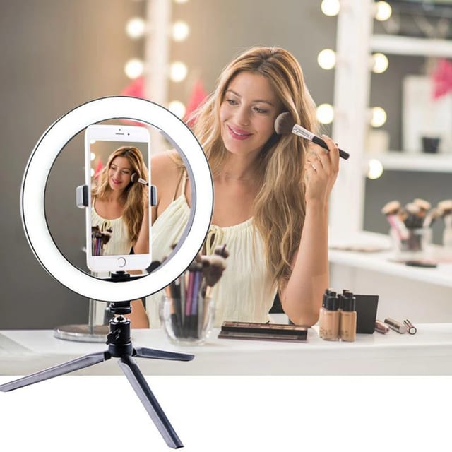 Aro de luz LED 26 cm regulable con trípode y soporte para celular