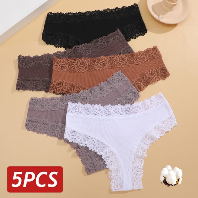 Pack 5 calzones de algodón sin costuras con encaje para mujer, tiro bajo, talla S-XL