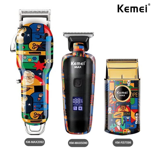 Cortadora de pelo eléctrica Kemei recargable con diseño de grafiti para corte y barba
